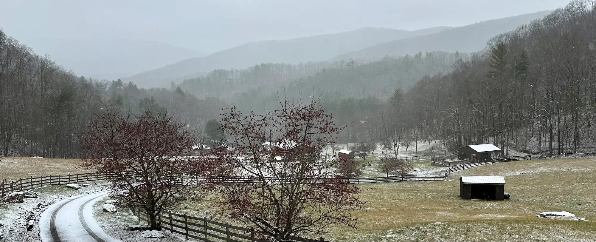 Winter road through the farm